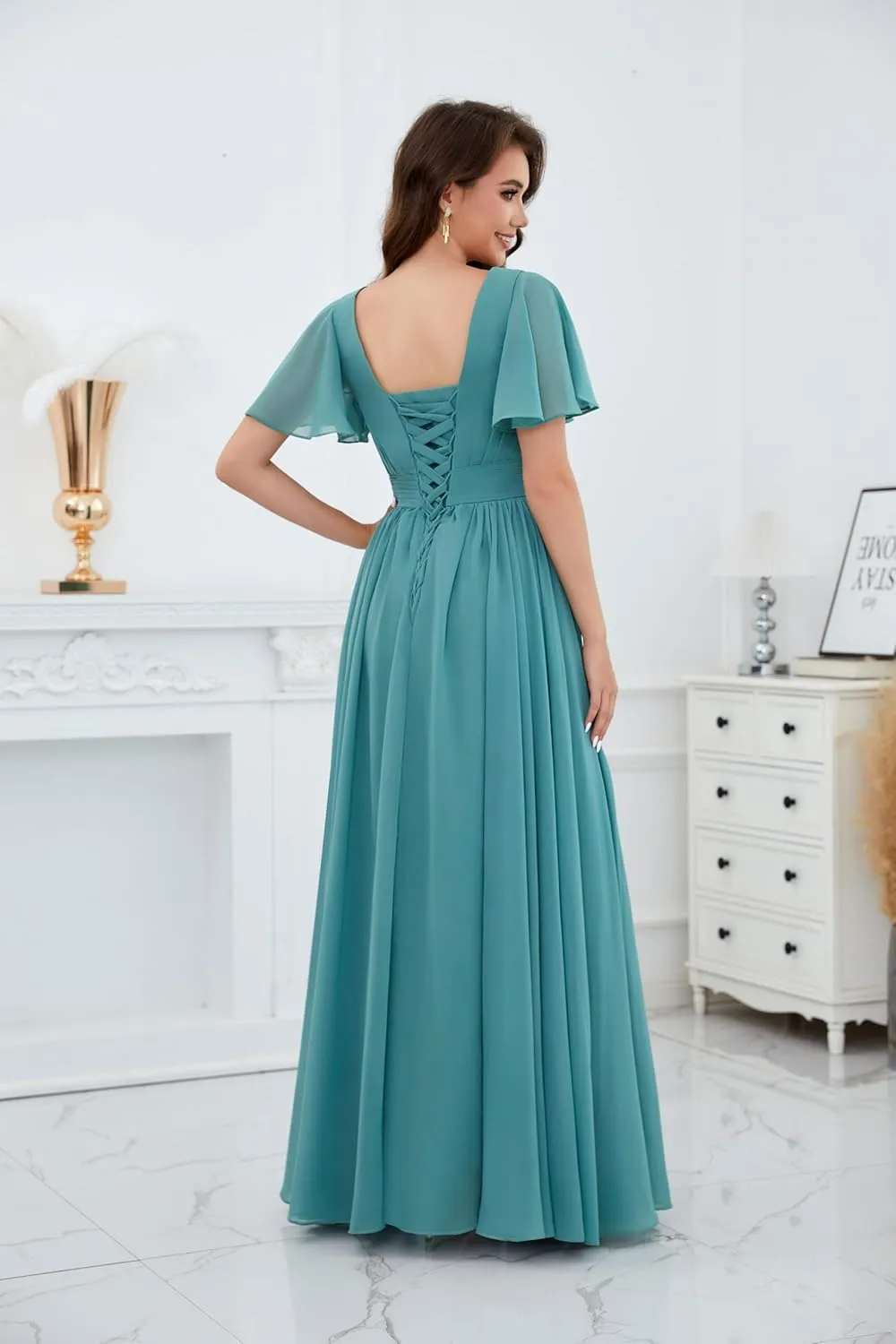 VGZ Chiffon Bridesmaid Dresses with Sleeves V Neck Long Pleated Formal Evening Gown with Slit