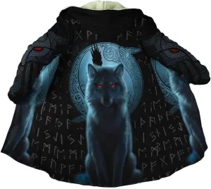 Viking Winter Mens Cloak Coat Night Wolf Tattoo 3D Full Printing Fleece Hooded Unisex Warm Jacket Cape(US Size)