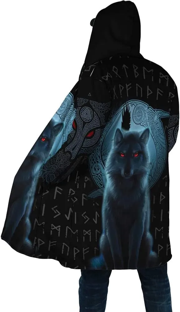Viking Winter Mens Cloak Coat Night Wolf Tattoo 3D Full Printing Fleece Hooded Unisex Warm Jacket Cape(US Size)