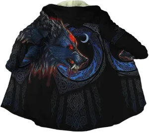 Viking Winter Mens Cloak Coat Night Wolf Tattoo 3D Full Printing Fleece Hooded Unisex Warm Jacket Cape(US Size)