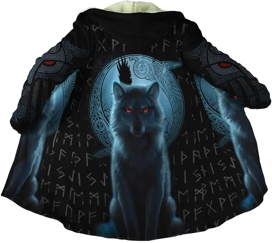 Viking Winter Mens Cloak Coat Night Wolf Tattoo 3D Full Printing Fleece Hooded Unisex Warm Jacket Cape(US Size)