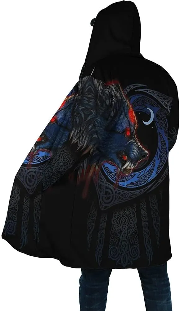 Viking Winter Mens Cloak Coat Night Wolf Tattoo 3D Full Printing Fleece Hooded Unisex Warm Jacket Cape(US Size)