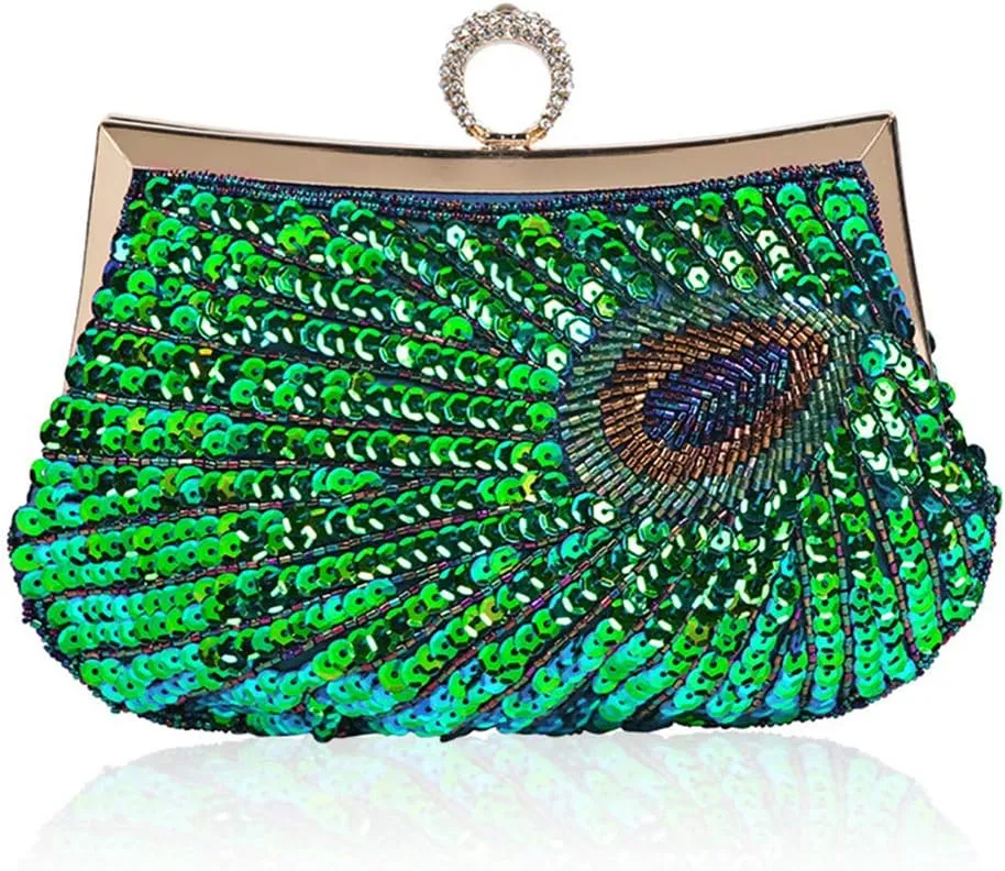 Vintage Beaded Sequin Peacock Clutch Purse Evening Bags (Blue)