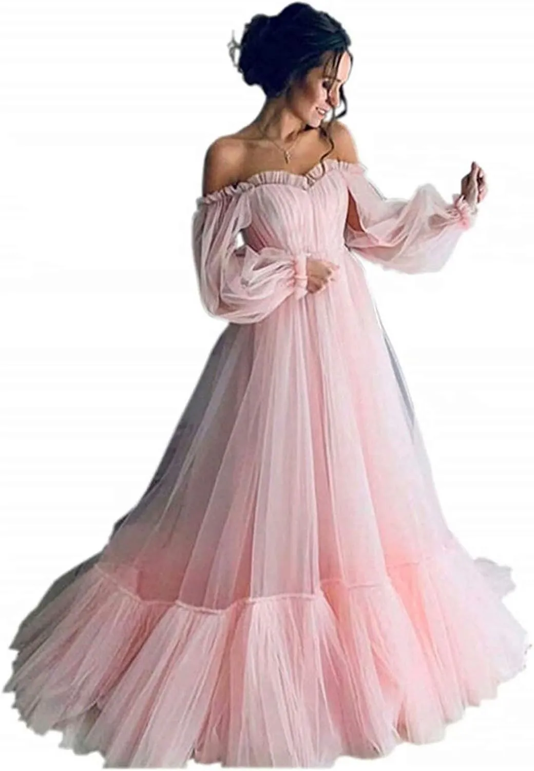 Vintage Off Shoulder Long Puffy Sleeves Ruffle Tulle Princess Prom Quinceanera Dresses for Womenen