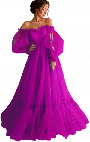 Vintage Off Shoulder Long Puffy Sleeves Ruffle Tulle Princess Prom Quinceanera Dresses for Womenen