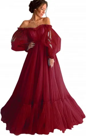 Vintage Off Shoulder Long Puffy Sleeves Ruffle Tulle Princess Prom Quinceanera Dresses for Womenen