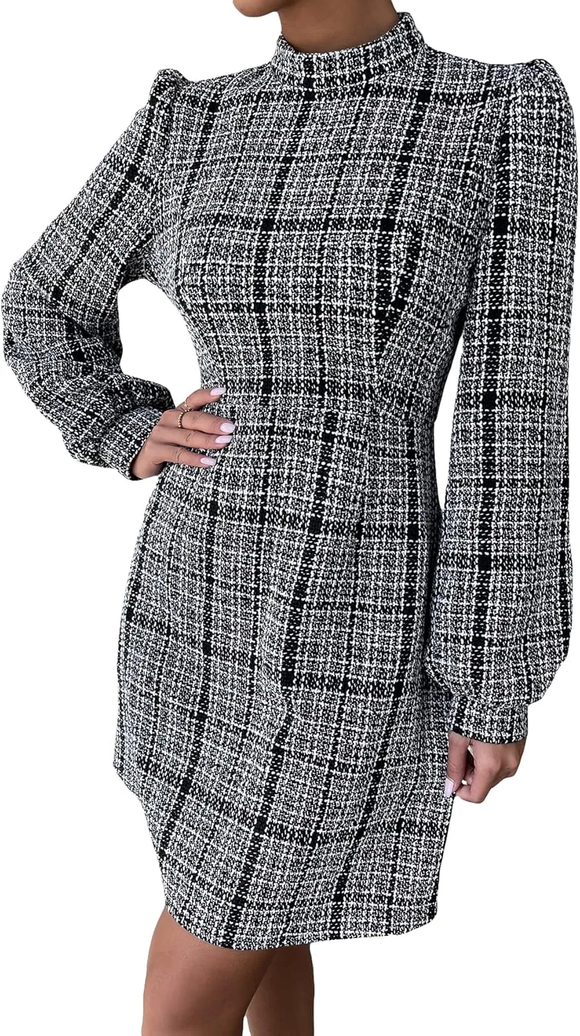 WDIRARA Women's Plaid Tweed Mock Neck Lantern Long Sleeve Dress Casual A Line Dresses