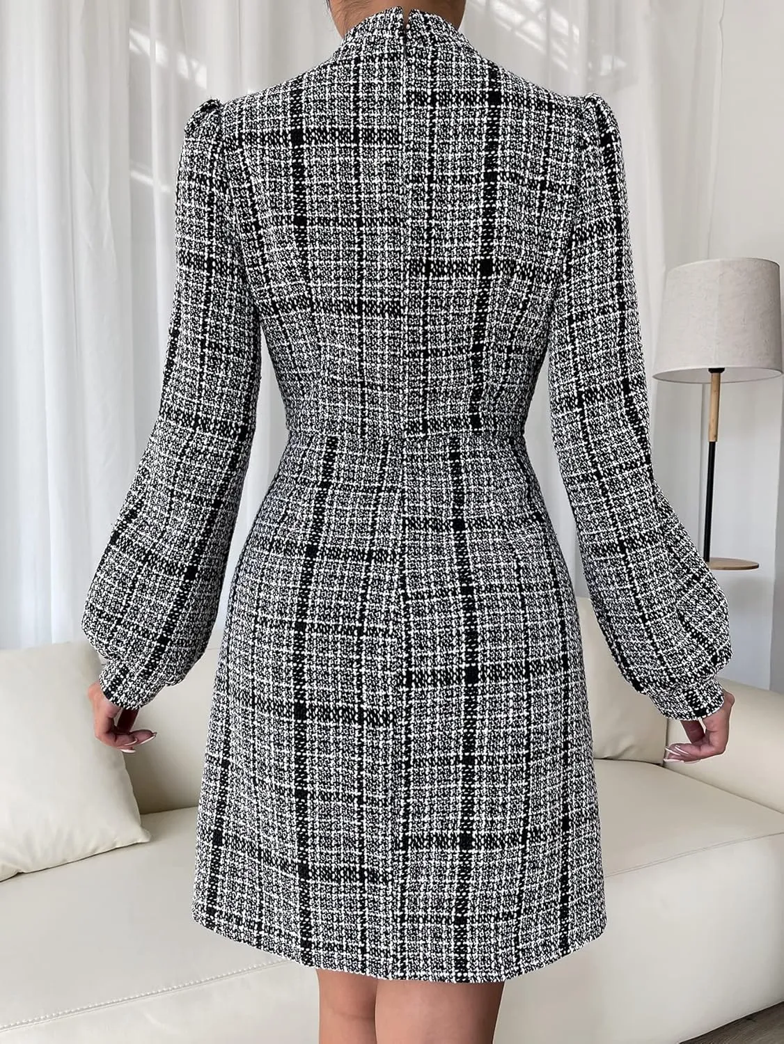 WDIRARA Women's Plaid Tweed Mock Neck Lantern Long Sleeve Dress Casual A Line Dresses