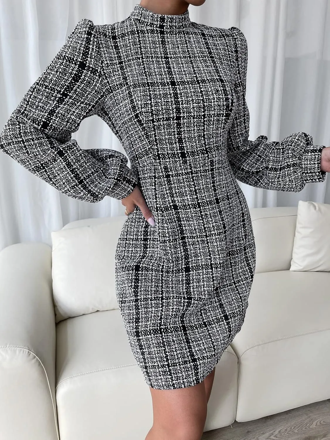 WDIRARA Women's Plaid Tweed Mock Neck Lantern Long Sleeve Dress Casual A Line Dresses
