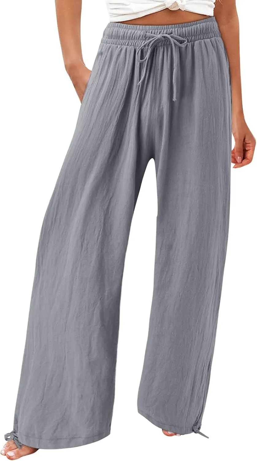 Wide Leg Pants Woman High Waisted Elastic Waist Lounge Pants Stretchy Loose Workout Palazzo Pants with Pockets, Large