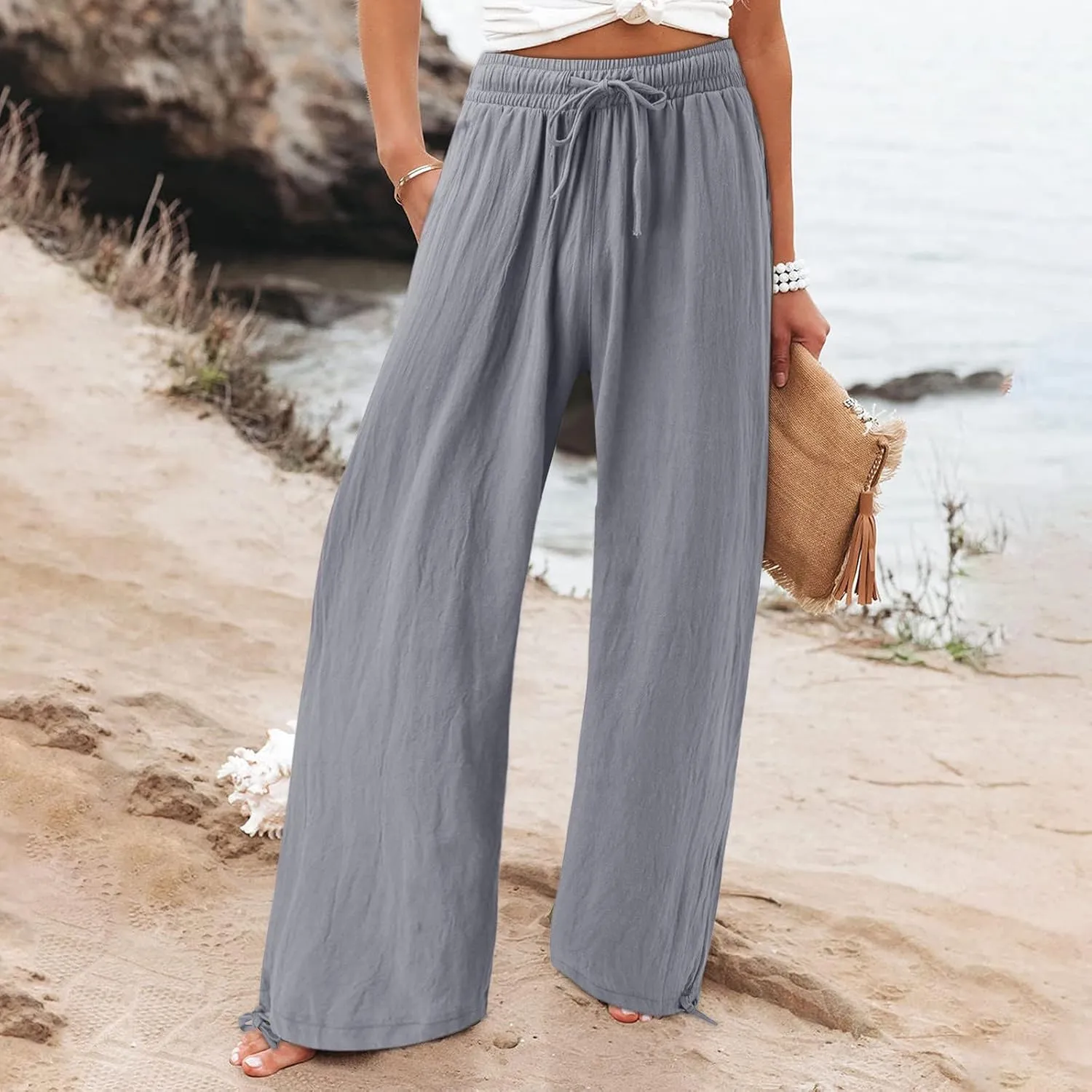 Wide Leg Pants Woman High Waisted Elastic Waist Lounge Pants Stretchy Loose Workout Palazzo Pants with Pockets, Large