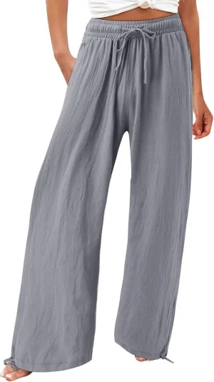 Wide Leg Pants Woman High Waisted Elastic Waist Lounge Pants Stretchy Loose Workout Palazzo Pants with Pockets, Large