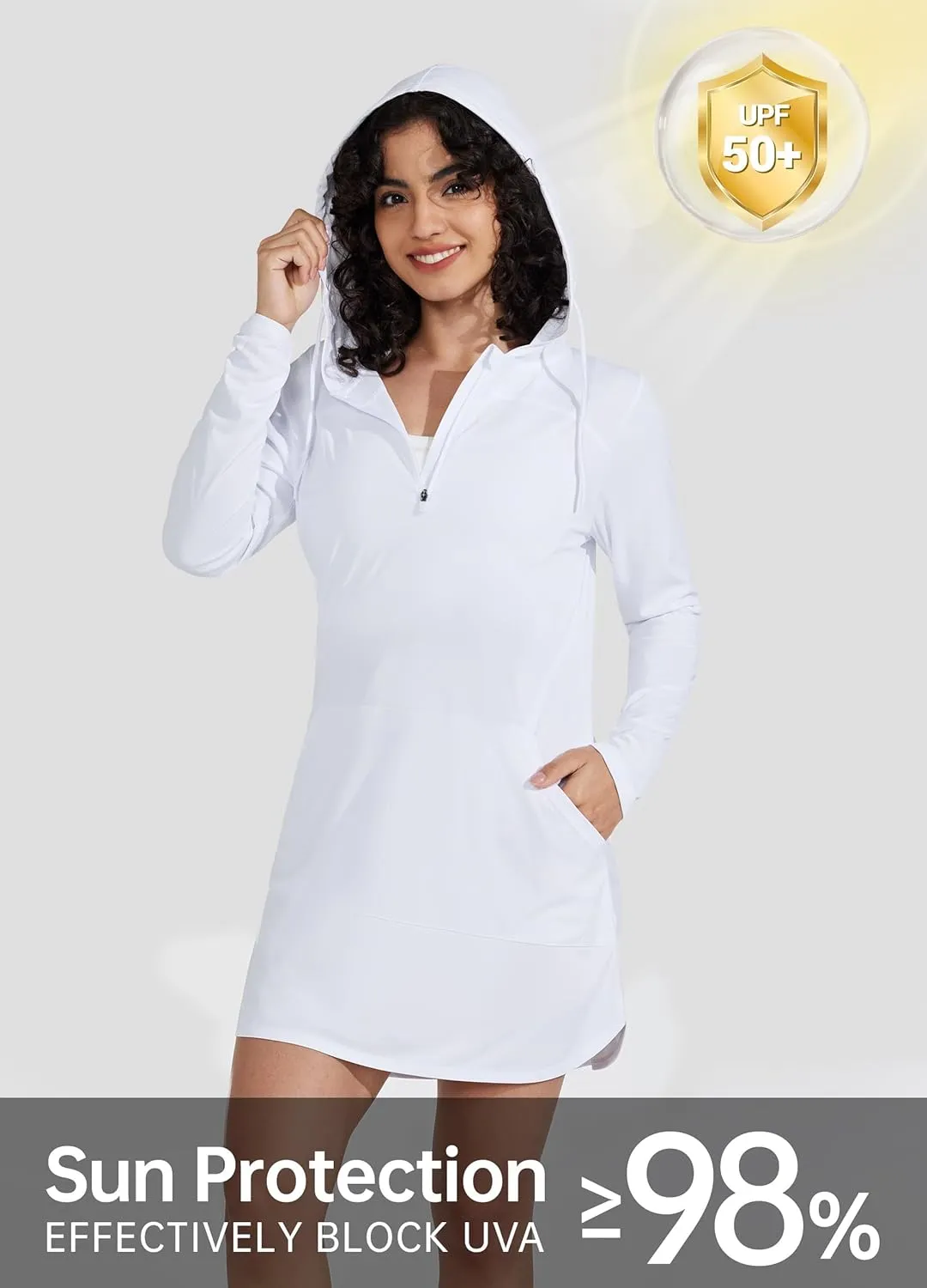 Willit Women's UPF 50  Swim Cover-Up Dress Hooded Beach Sun Long Sleeve Swimwear Quick Dry SPF Swim Shirts