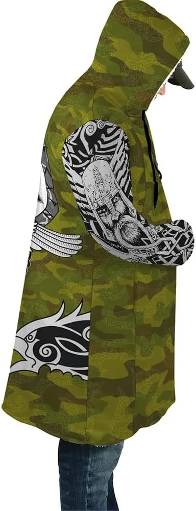 Winter Thick Warm Cloak Mens Viking Odin Raven Tattoo 3D Print Fleece Hooded Casual Cloak Coat(US Size)