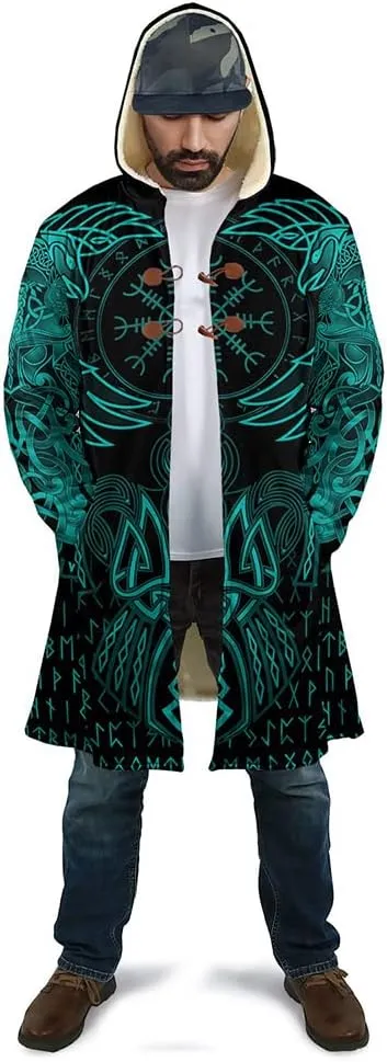 Winter Thick Warm Cloak Mens Viking Odin Raven Tattoo 3D Print Fleece Hooded Casual Cloak Coat(US Size)