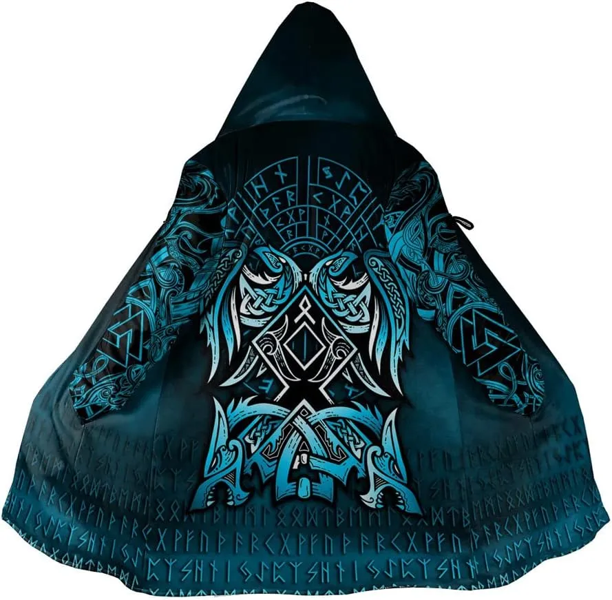 Winter Thick Warm Cloak Mens Viking Odin Raven Tattoo 3D Print Fleece Hooded Casual Cloak Coat(US Size)