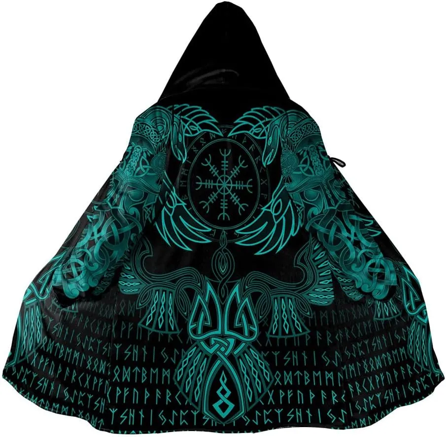 Winter Thick Warm Cloak Mens Viking Odin Raven Tattoo 3D Print Fleece Hooded Casual Cloak Coat(US Size)
