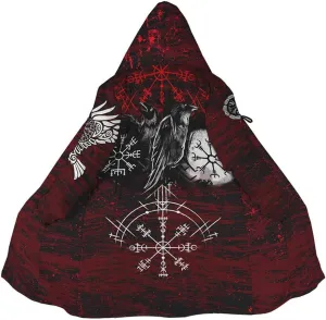 Winter Thick Warm Cloak Mens Viking Odin Raven Tattoo 3D Print Fleece Hooded Casual Cloak Coat(US Size)