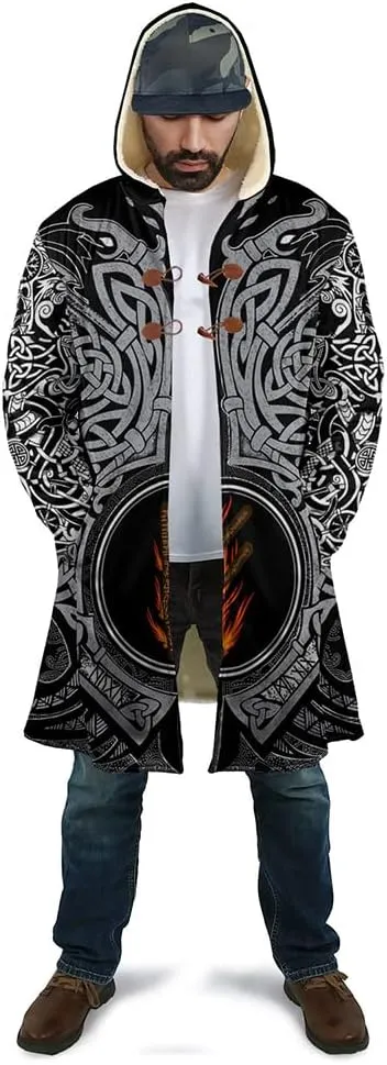 Winter Thick Warm Cloak Mens Viking Odin Raven Tattoo 3D Print Fleece Hooded Casual Cloak Coat(US Size)