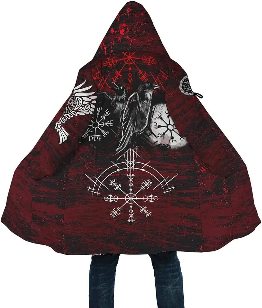 Winter Thick Warm Cloak Mens Viking Odin Raven Tattoo 3D Print Fleece Hooded Casual Cloak Coat(US Size)