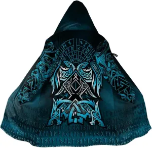 Winter Thick Warm Cloak Mens Viking Odin Raven Tattoo 3D Print Fleece Hooded Casual Cloak Coat(US Size)