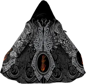 Winter Thick Warm Cloak Mens Viking Odin Raven Tattoo 3D Print Fleece Hooded Casual Cloak Coat(US Size)