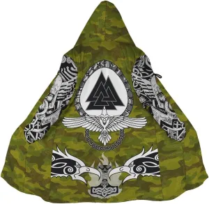 Winter Thick Warm Cloak Mens Viking Odin Raven Tattoo 3D Print Fleece Hooded Casual Cloak Coat(US Size)