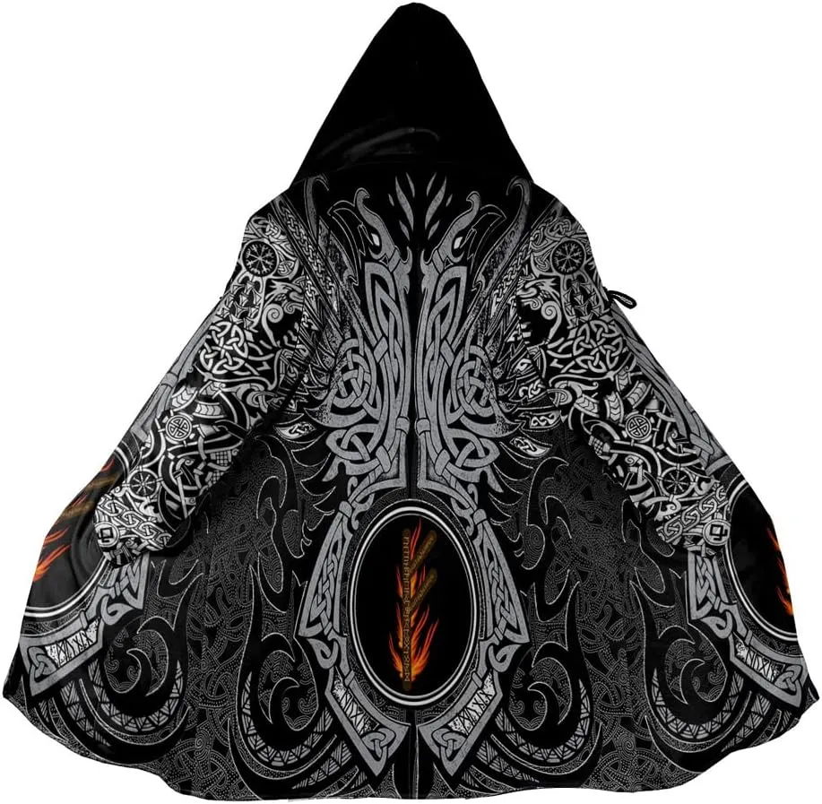 Winter Thick Warm Cloak Mens Viking Odin Raven Tattoo 3D Print Fleece Hooded Casual Cloak Coat(US Size)