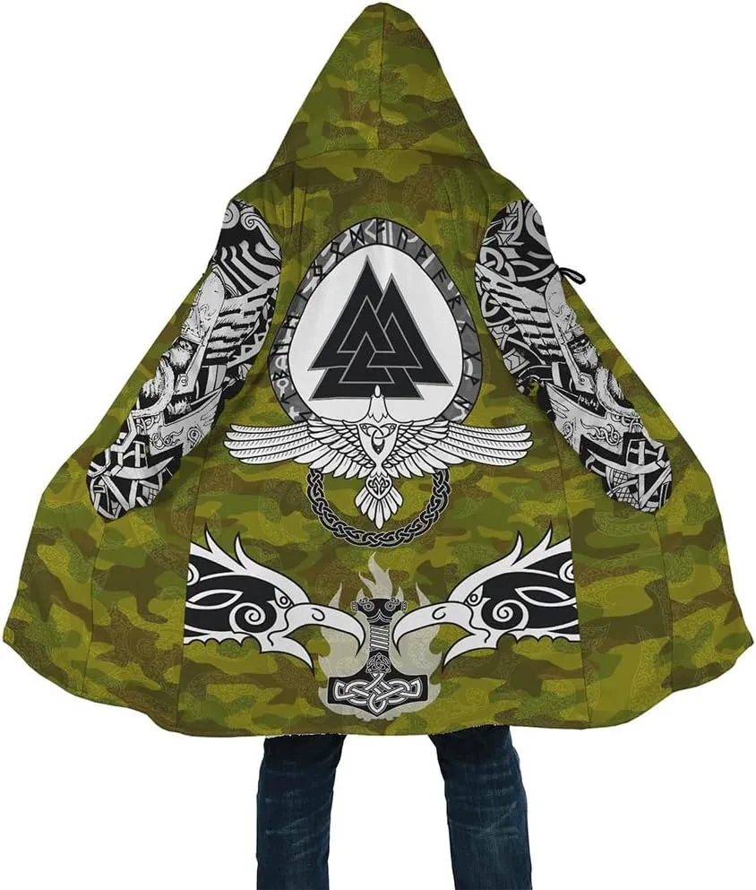 Winter Thick Warm Cloak Mens Viking Odin Raven Tattoo 3D Print Fleece Hooded Casual Cloak Coat(US Size)