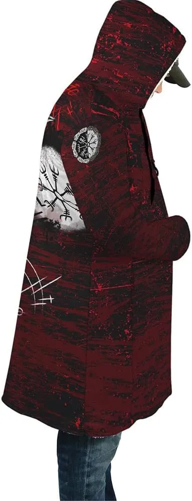 Winter Thick Warm Cloak Mens Viking Odin Raven Tattoo 3D Print Fleece Hooded Casual Cloak Coat(US Size)