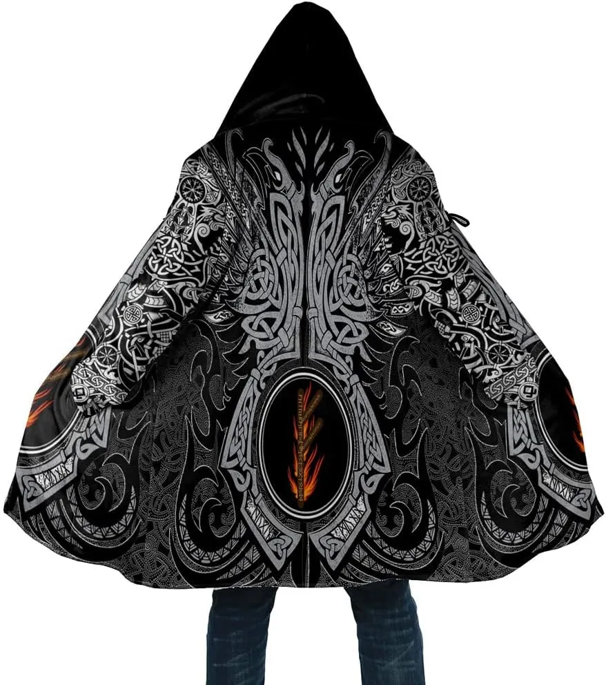 Winter Thick Warm Cloak Mens Viking Odin Raven Tattoo 3D Print Fleece Hooded Casual Cloak Coat(US Size)