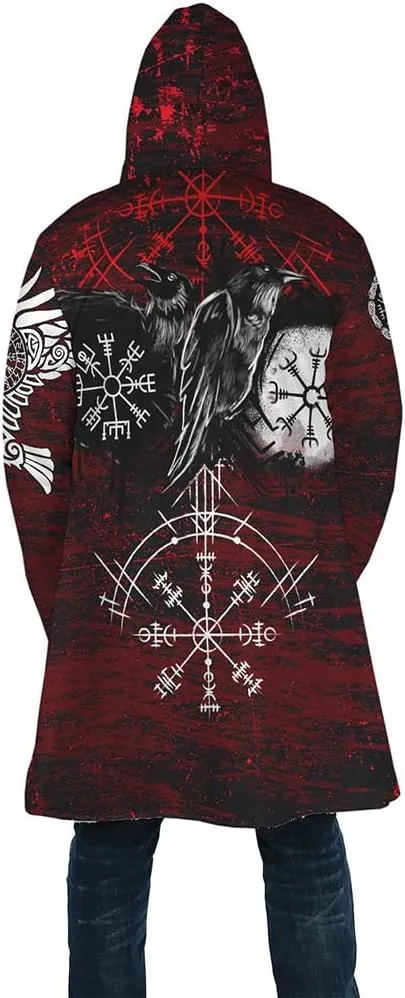 Winter Thick Warm Cloak Mens Viking Odin Raven Tattoo 3D Print Fleece Hooded Casual Cloak Coat(US Size)