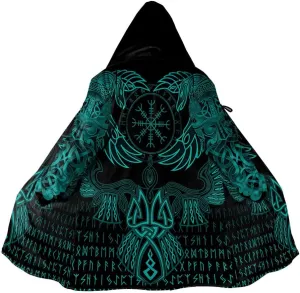 Winter Thick Warm Cloak Mens Viking Odin Raven Tattoo 3D Print Fleece Hooded Casual Cloak Coat(US Size)