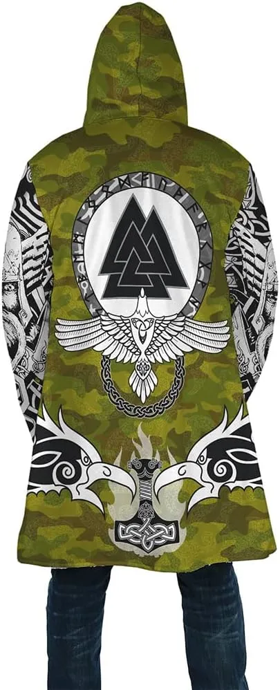 Winter Thick Warm Cloak Mens Viking Odin Raven Tattoo 3D Print Fleece Hooded Casual Cloak Coat(US Size)