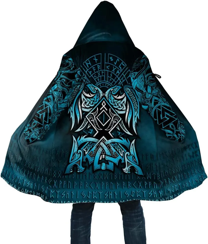 Winter Thick Warm Cloak Mens Viking Odin Raven Tattoo 3D Print Fleece Hooded Casual Cloak Coat(US Size)