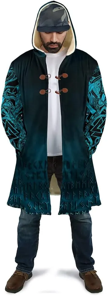 Winter Thick Warm Cloak Mens Viking Odin Raven Tattoo 3D Print Fleece Hooded Casual Cloak Coat(US Size)