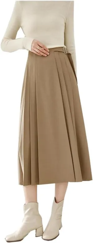 Woman Autumn Winter Solid Office Side Pleated Midi Skirts A-Line Umbrella Skirt