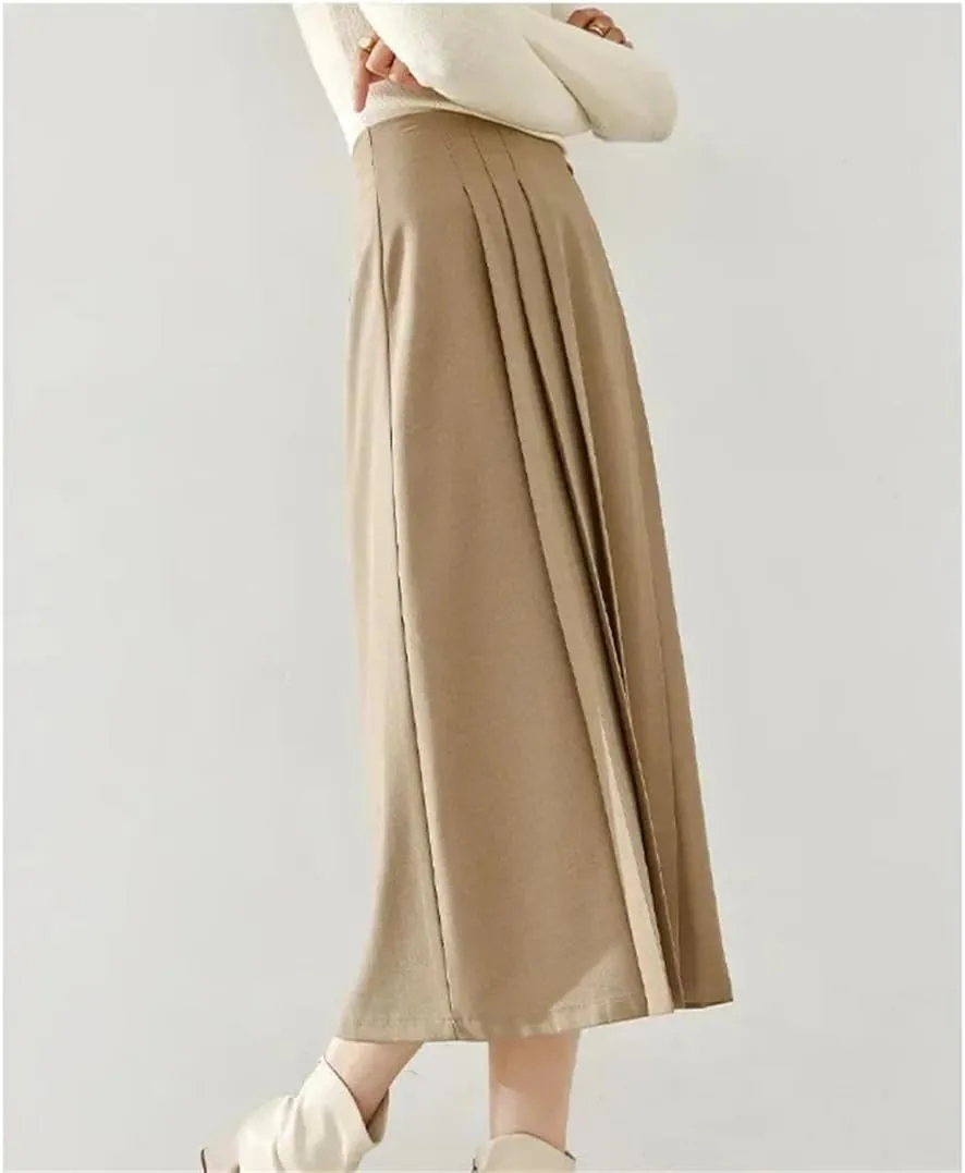 Woman Autumn Winter Solid Office Side Pleated Midi Skirts A-Line Umbrella Skirt