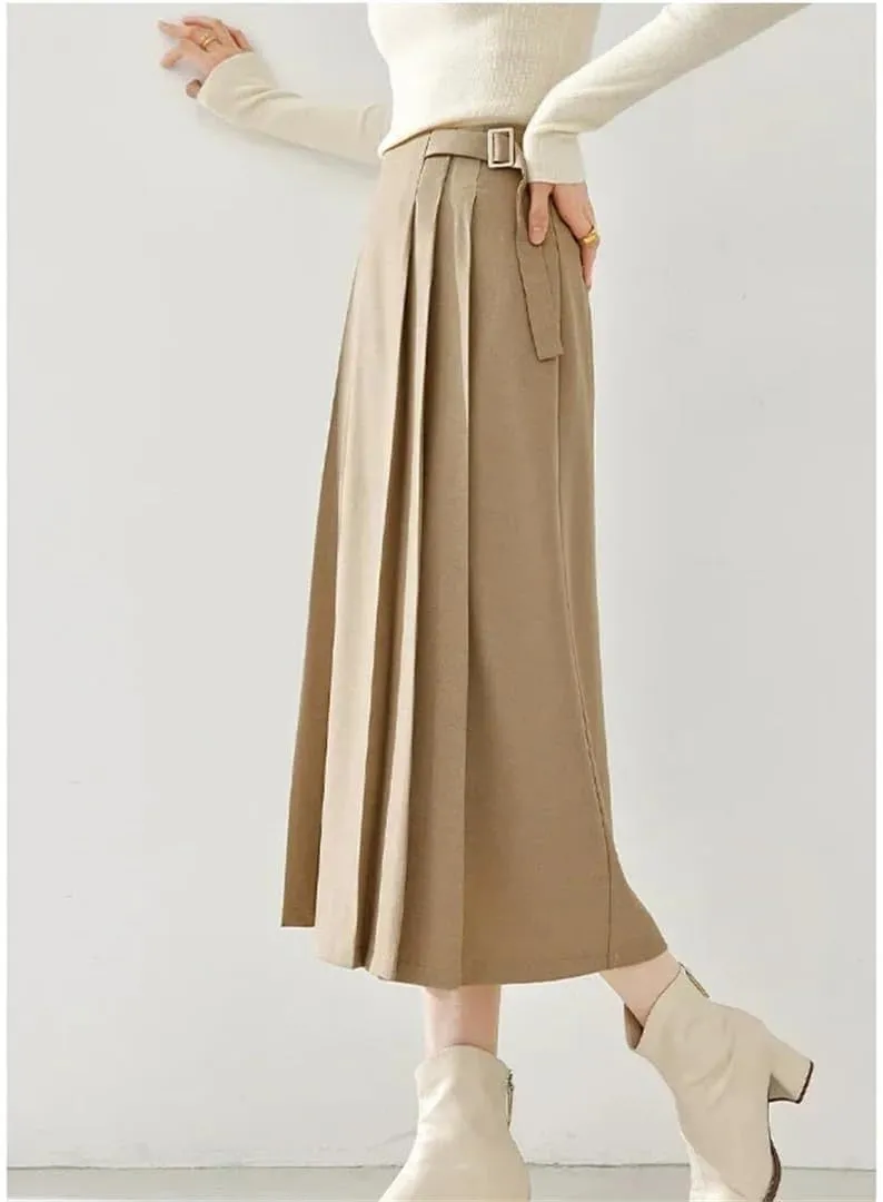 Woman Autumn Winter Solid Office Side Pleated Midi Skirts A-Line Umbrella Skirt