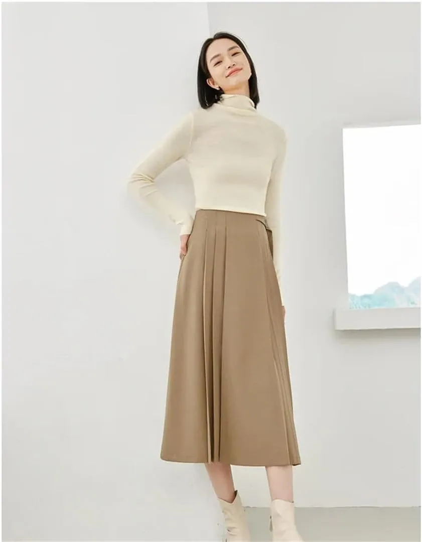 Woman Autumn Winter Solid Office Side Pleated Midi Skirts A-Line Umbrella Skirt