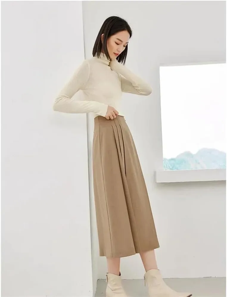 Woman Autumn Winter Solid Office Side Pleated Midi Skirts A-Line Umbrella Skirt