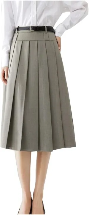 Women Autumn Work Flared Pleated Skirts High Elastic Waist Zipper Vintage A Line Midi Skirt