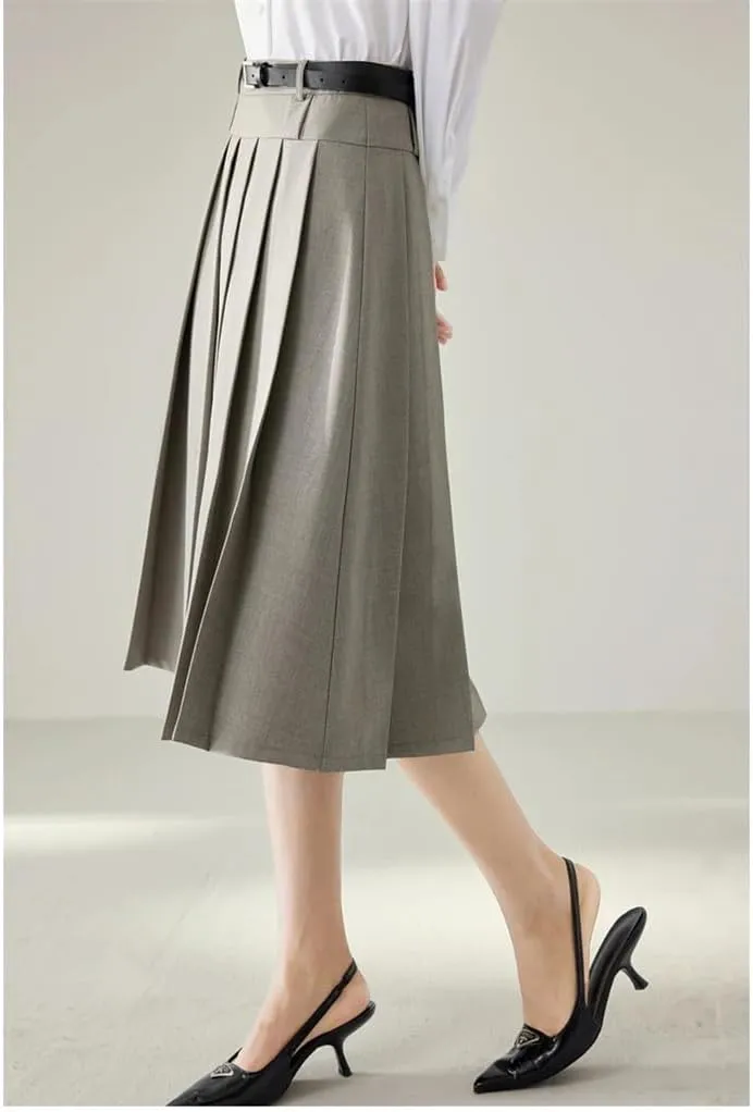 Women Autumn Work Flared Pleated Skirts High Elastic Waist Zipper Vintage A Line Midi Skirt