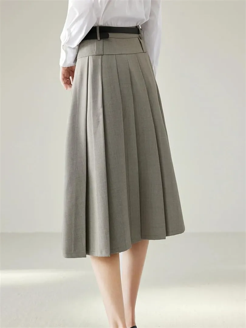 Women Autumn Work Flared Pleated Skirts High Elastic Waist Zipper Vintage A Line Midi Skirt