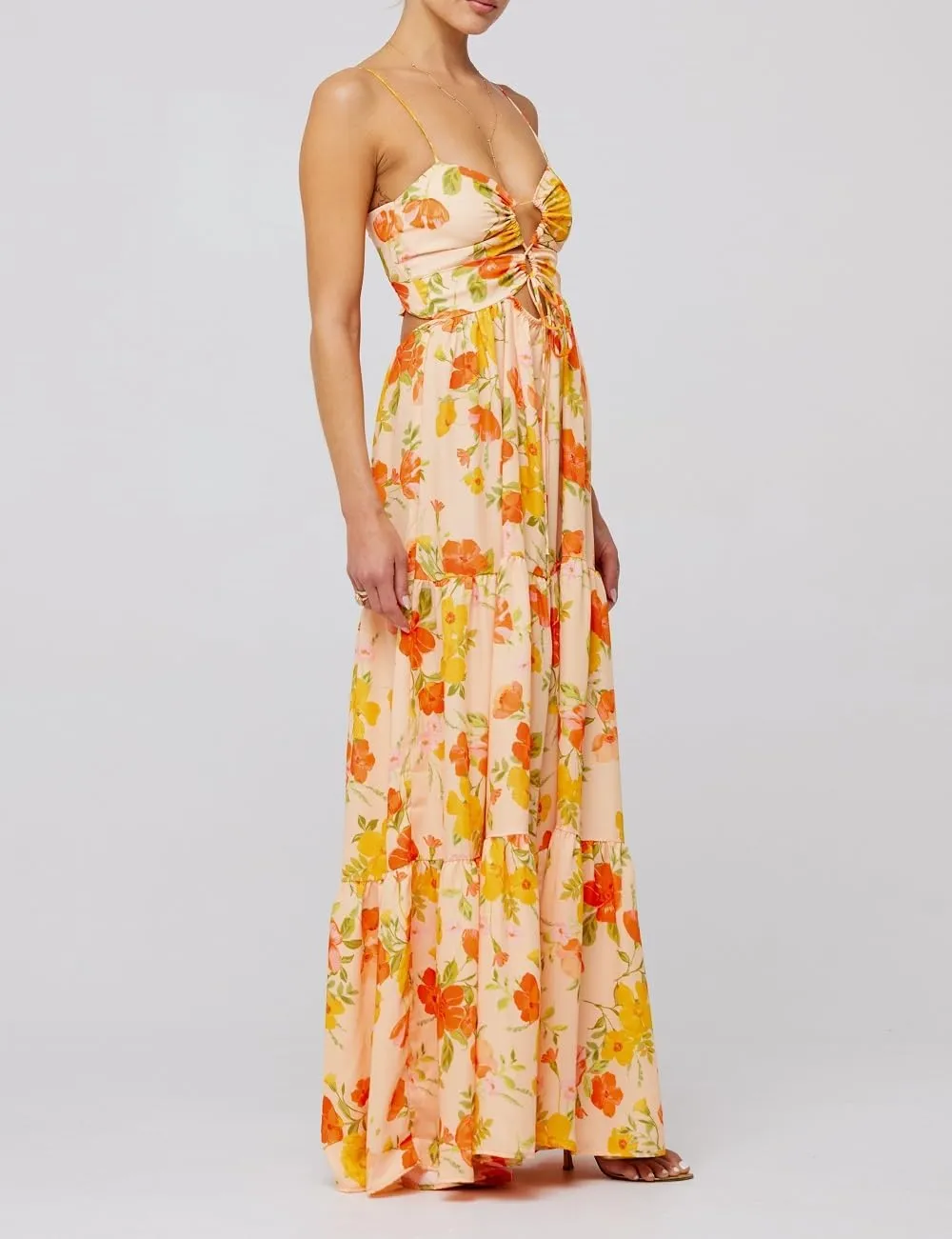 Women Boho Floral Long Cami Dress Spaghetti Strap Cut Out Maxi Dress Backless Tiered Flowy Summer Beach Dresse