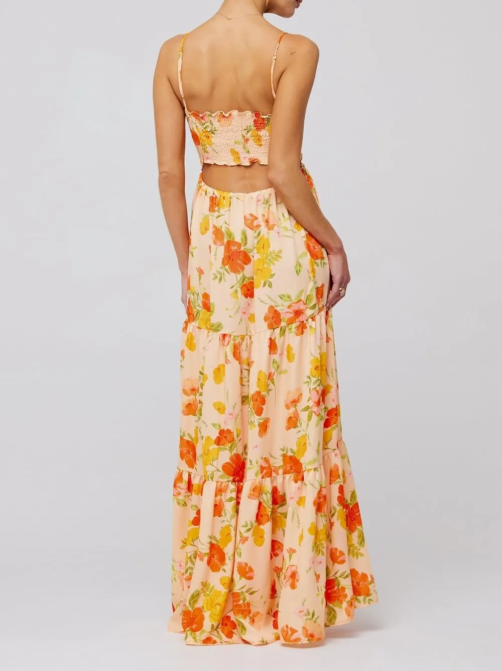 Women Boho Floral Long Cami Dress Spaghetti Strap Cut Out Maxi Dress Backless Tiered Flowy Summer Beach Dresse