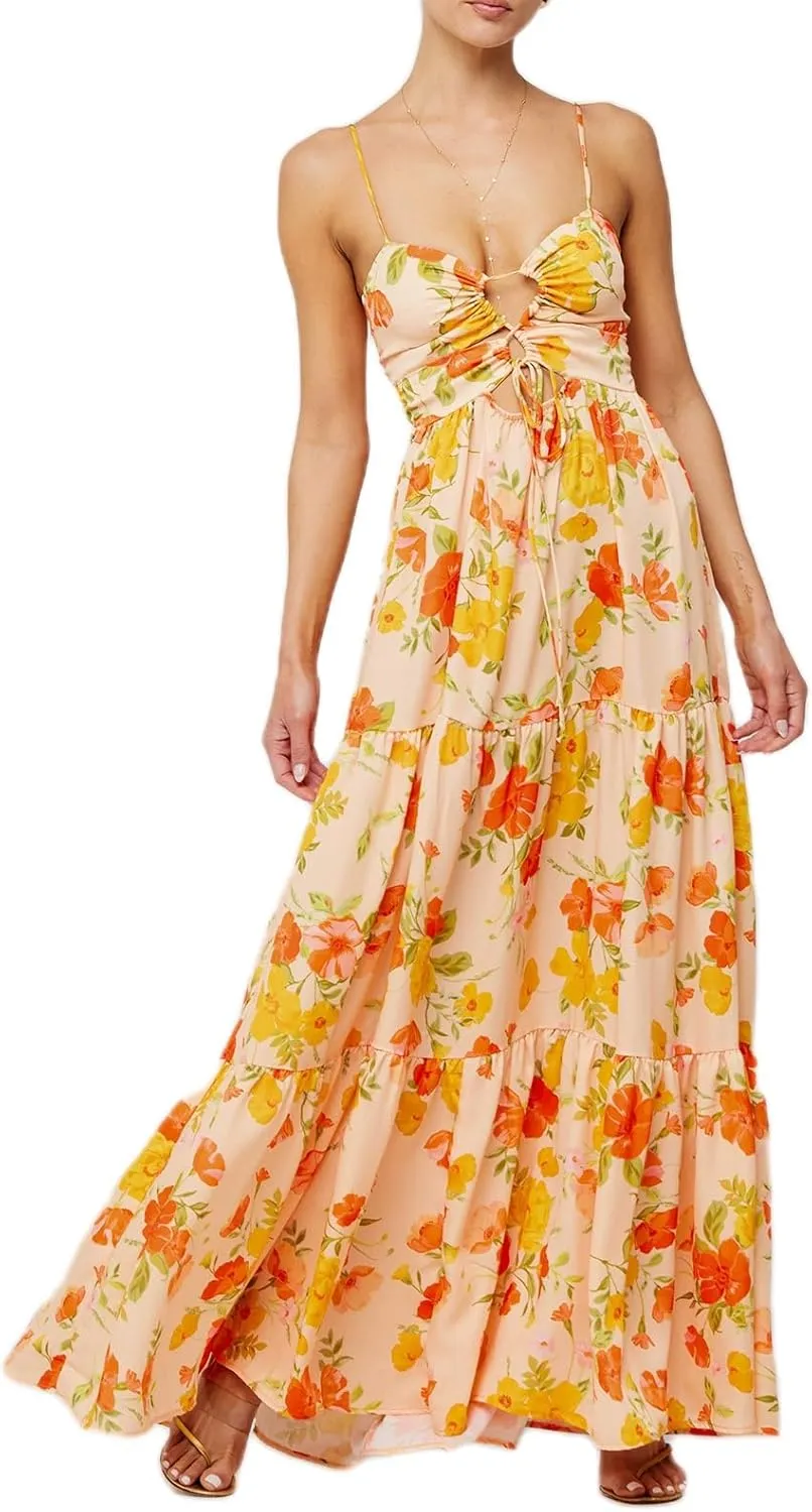 Women Boho Floral Long Cami Dress Spaghetti Strap Cut Out Maxi Dress Backless Tiered Flowy Summer Beach Dresse