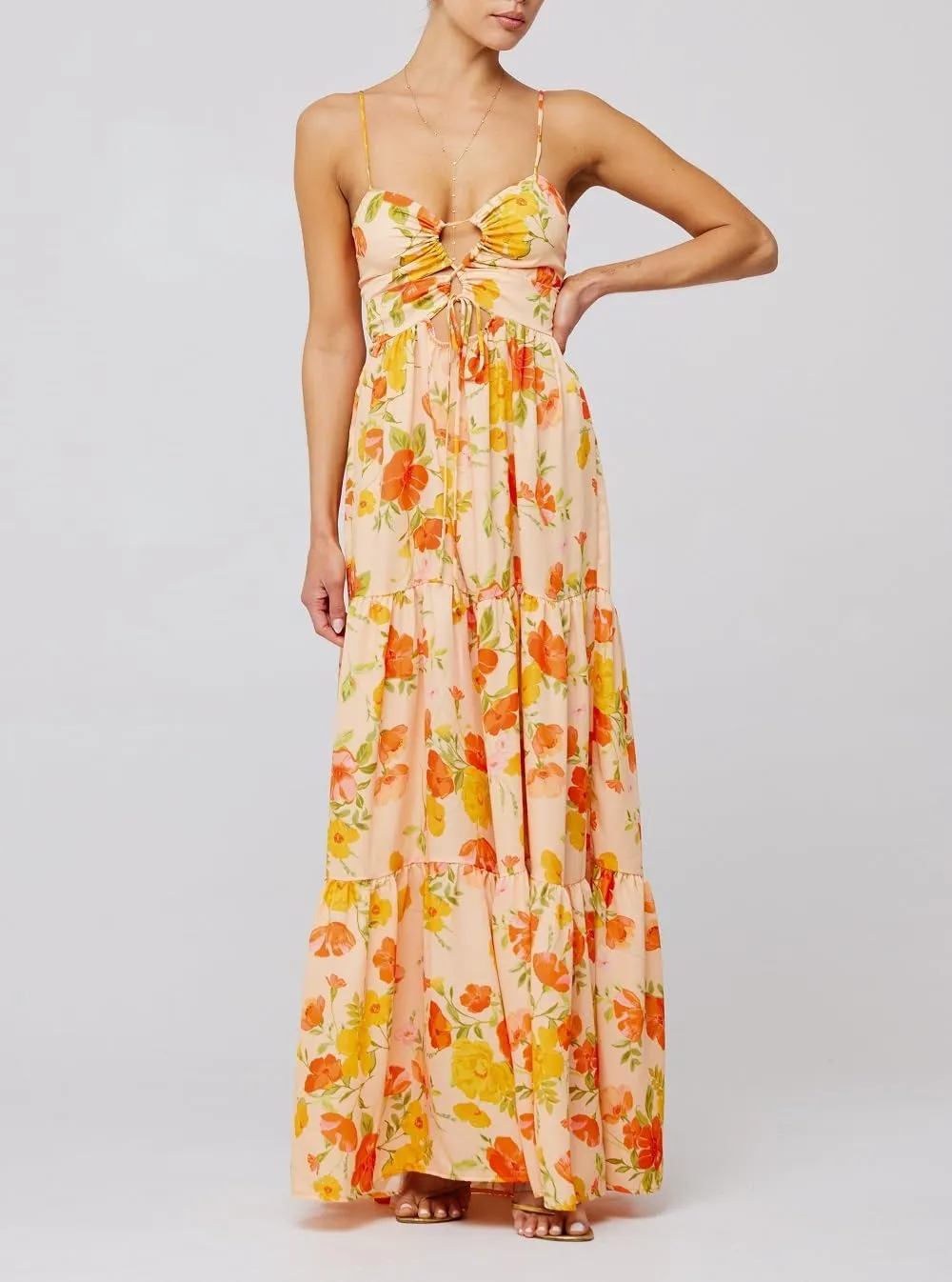 Women Boho Floral Long Cami Dress Spaghetti Strap Cut Out Maxi Dress Backless Tiered Flowy Summer Beach Dresse