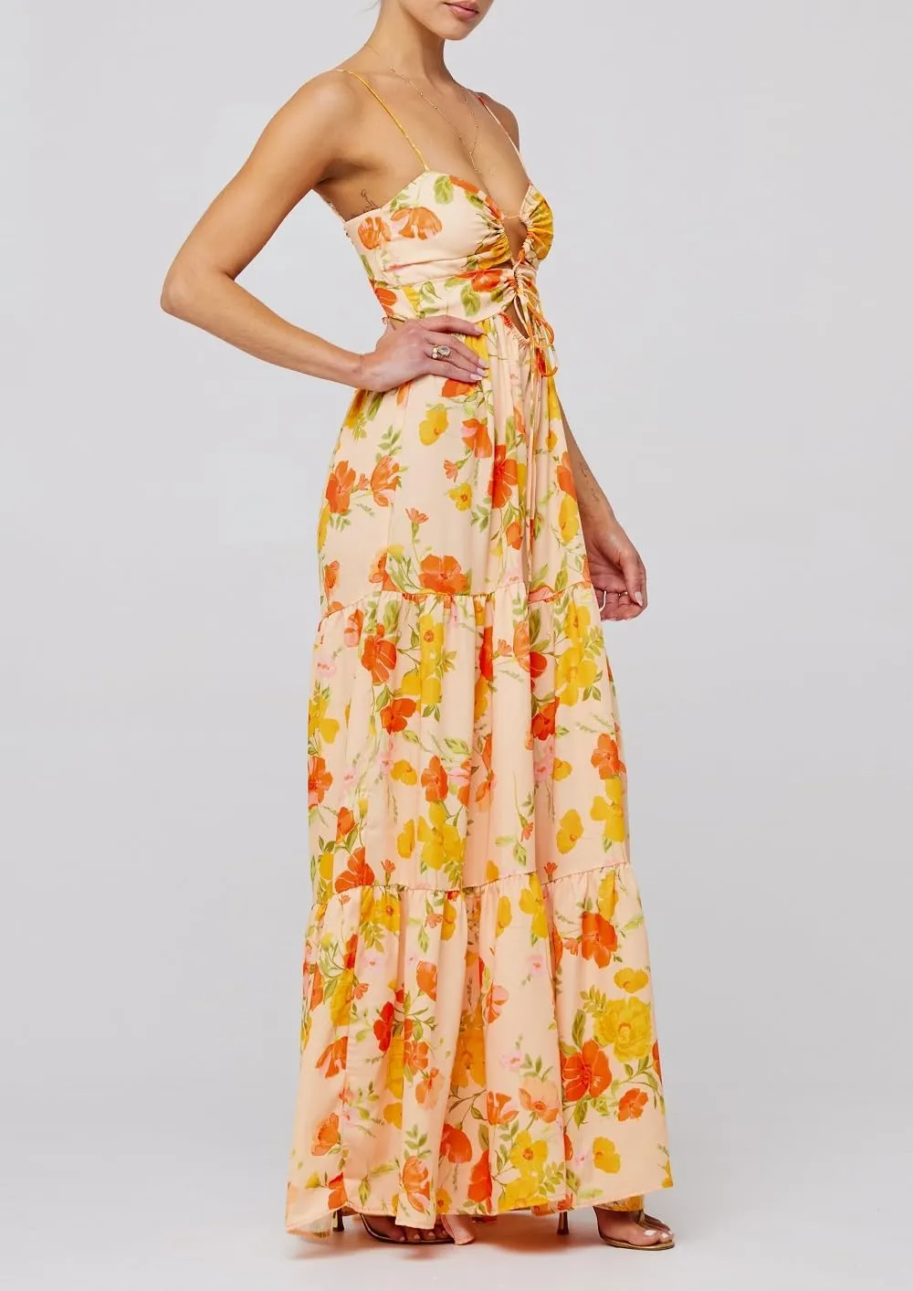Women Boho Floral Long Cami Dress Spaghetti Strap Cut Out Maxi Dress Backless Tiered Flowy Summer Beach Dresse
