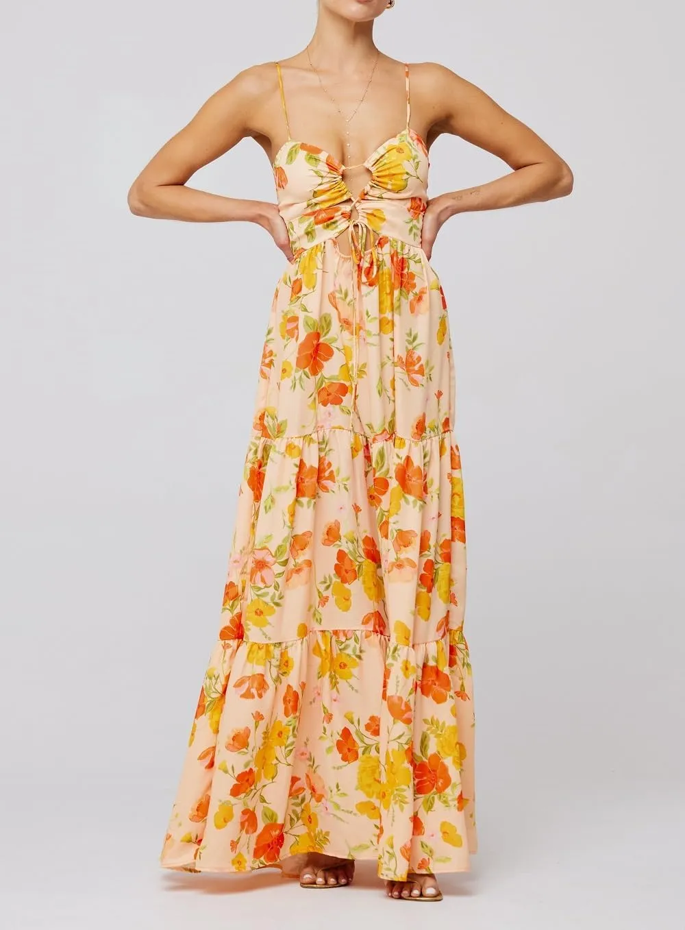 Women Boho Floral Long Cami Dress Spaghetti Strap Cut Out Maxi Dress Backless Tiered Flowy Summer Beach Dresse